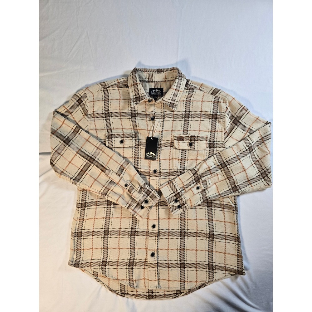 Pacific Outfitters Mens Plaid Flannel Shirt Cream Brown Orange Long Sleeve Large